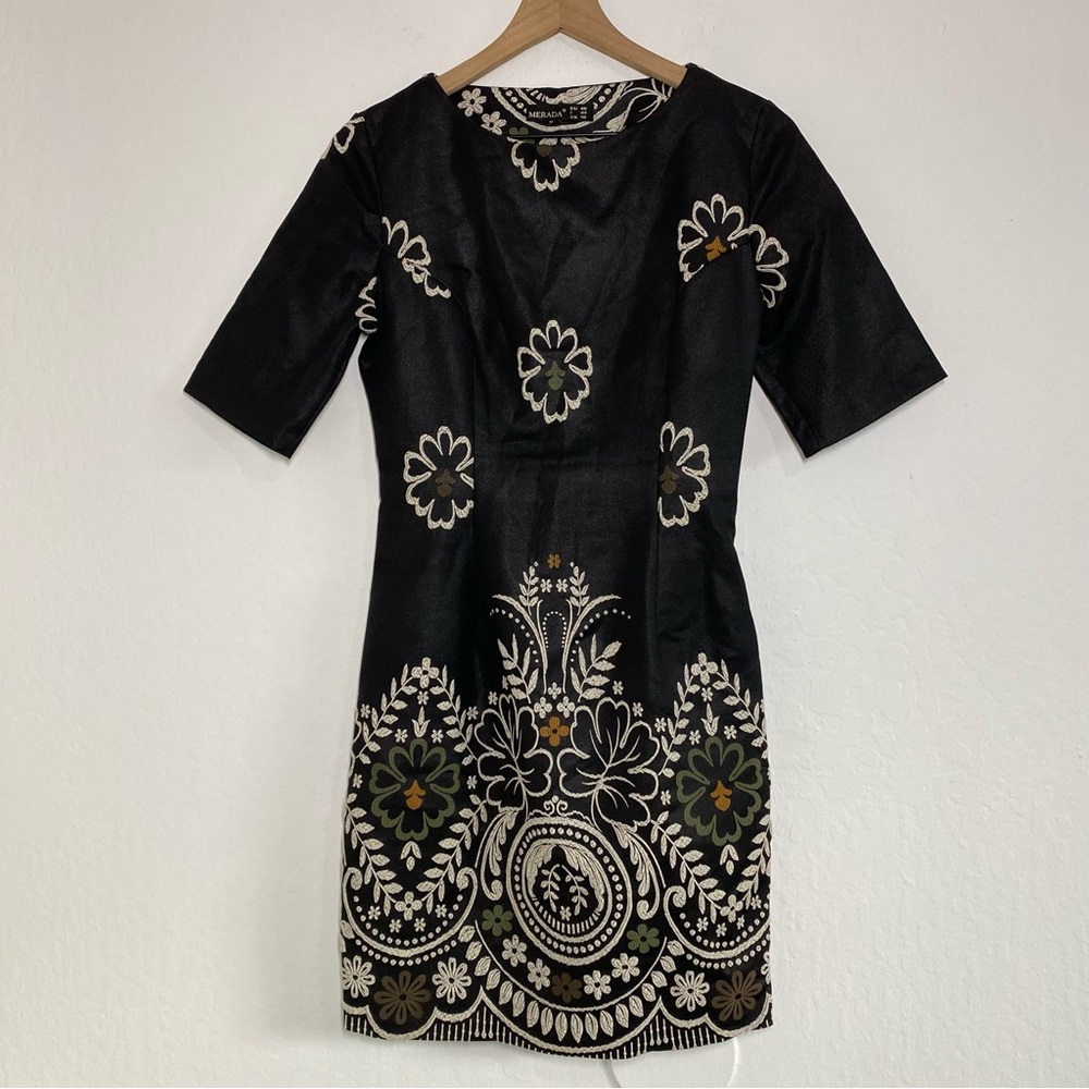 Merada Women’s S Black Floral Embroidered Short Sleeve Pencil Midi Dress